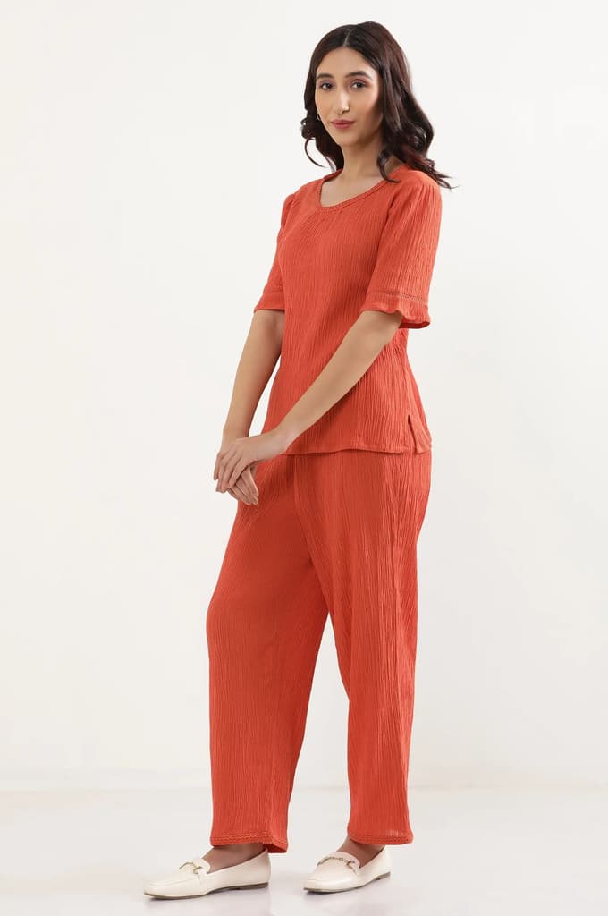 Rust Solid Straight Fit Rayon Palazzo With Elasticated Waist — photo 3