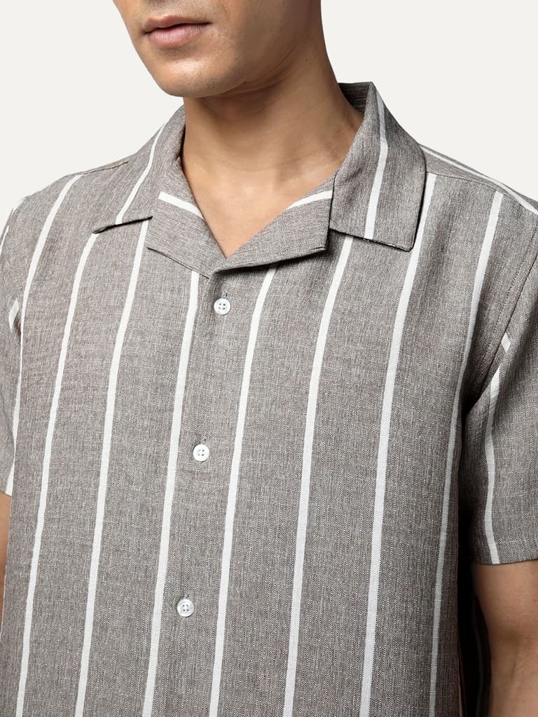 Men's Grey Cotton Half Sleeve Relaxed Fit Linen Striped Shirt with Cuban Collar — photo 6