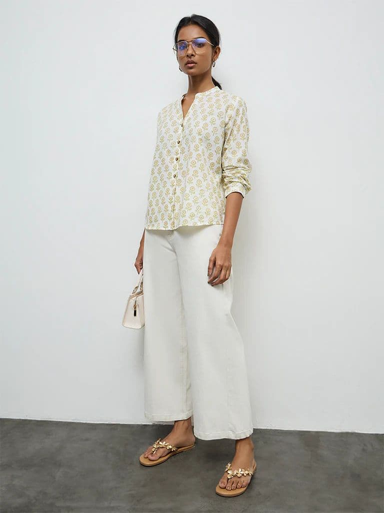 Utsa Off-White Floral Design Cotton Tunic — photo 2