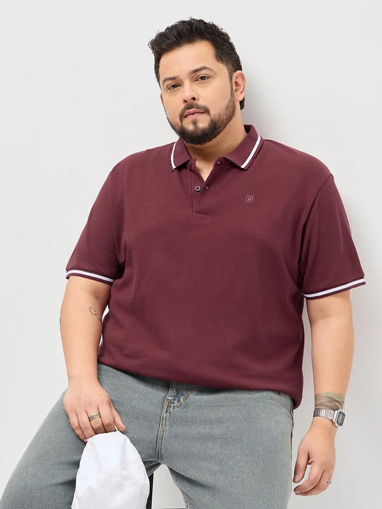 Plus Men's Maroon Solid Regular Fit Half Sleeve Cotton Polo T-Shirt — 2XL / Maroon