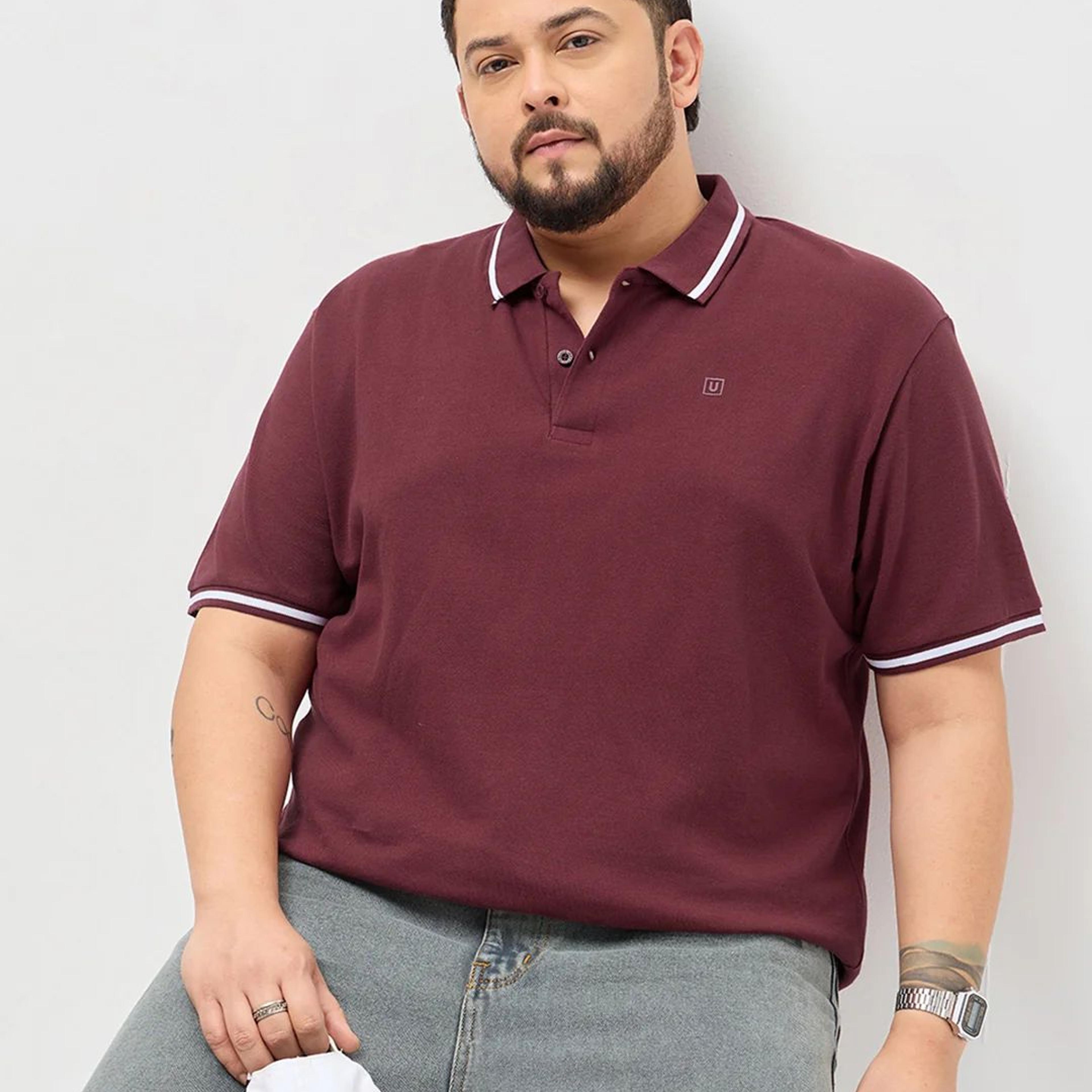 Plus Men's Maroon Solid Regular Fit Half Sleeve Cotton Polo T-Shirt