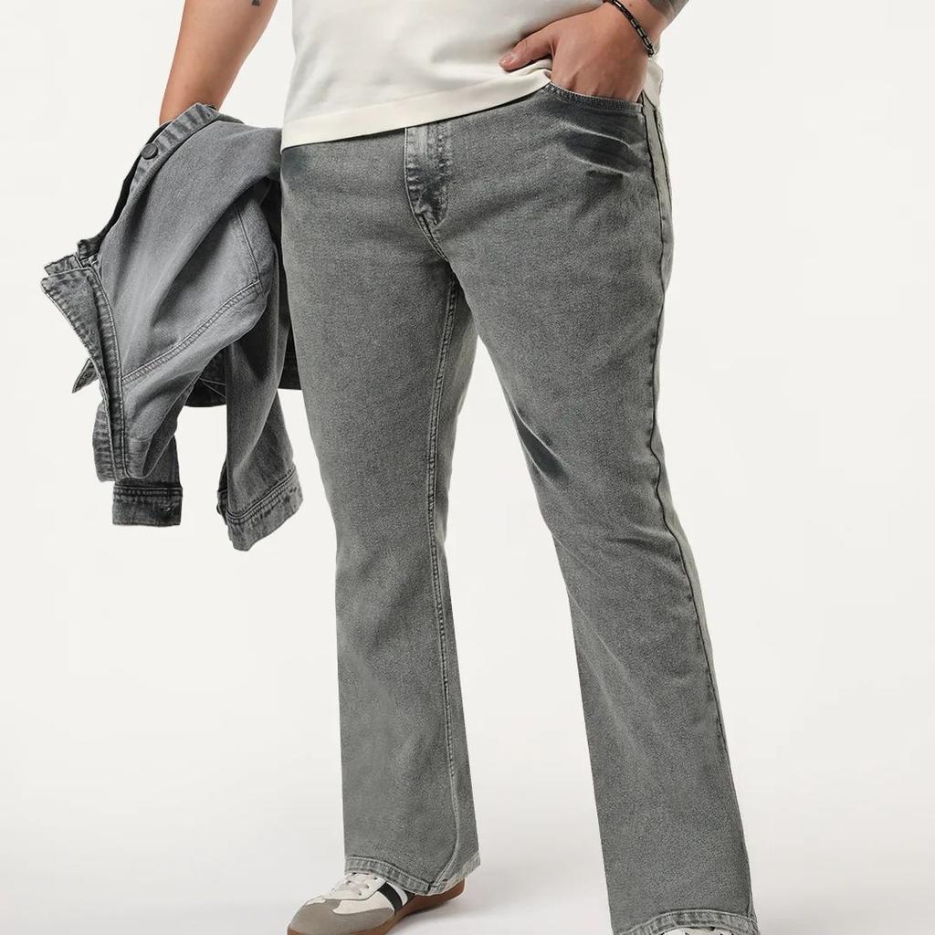 Plus Men's Light Grey Bootcut Fit Mid Rise Acid Wash Jeans Stretchable