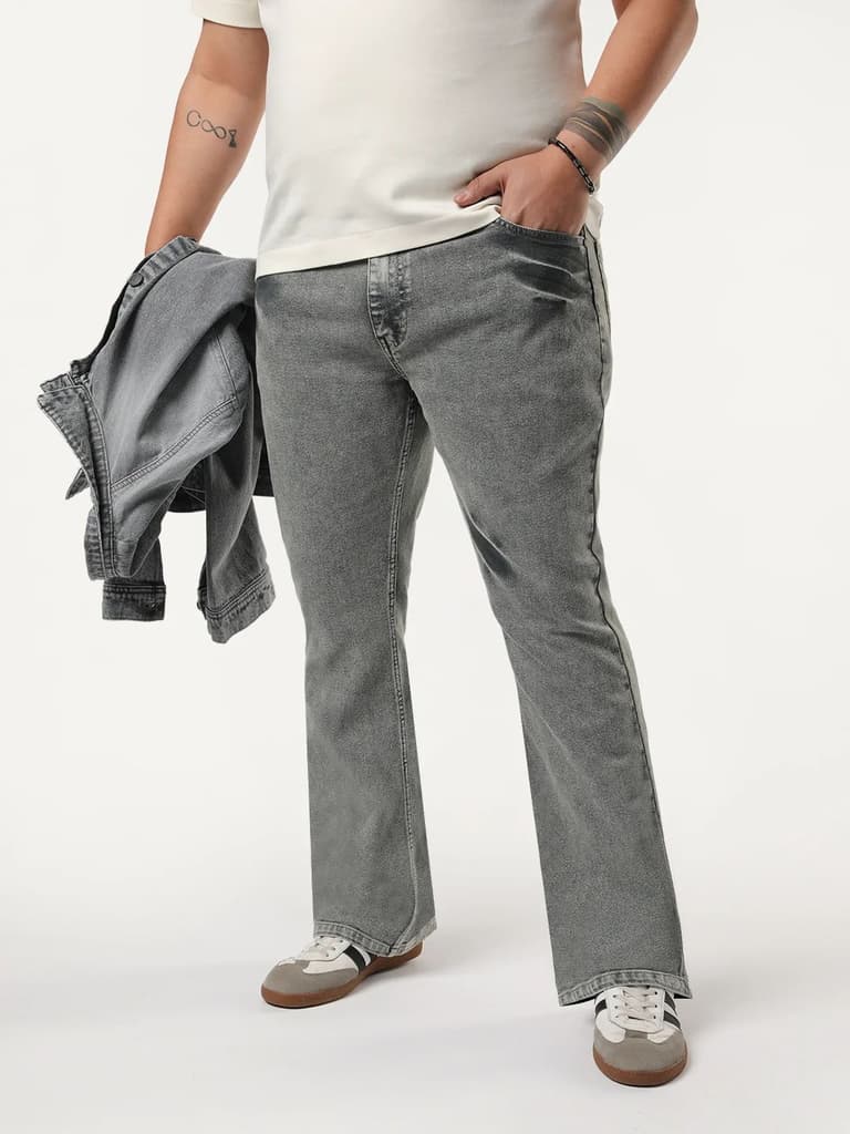 Plus Men's Light Grey Bootcut Fit Mid Rise Acid Wash Jeans Stretchable — 36 / Light Grey