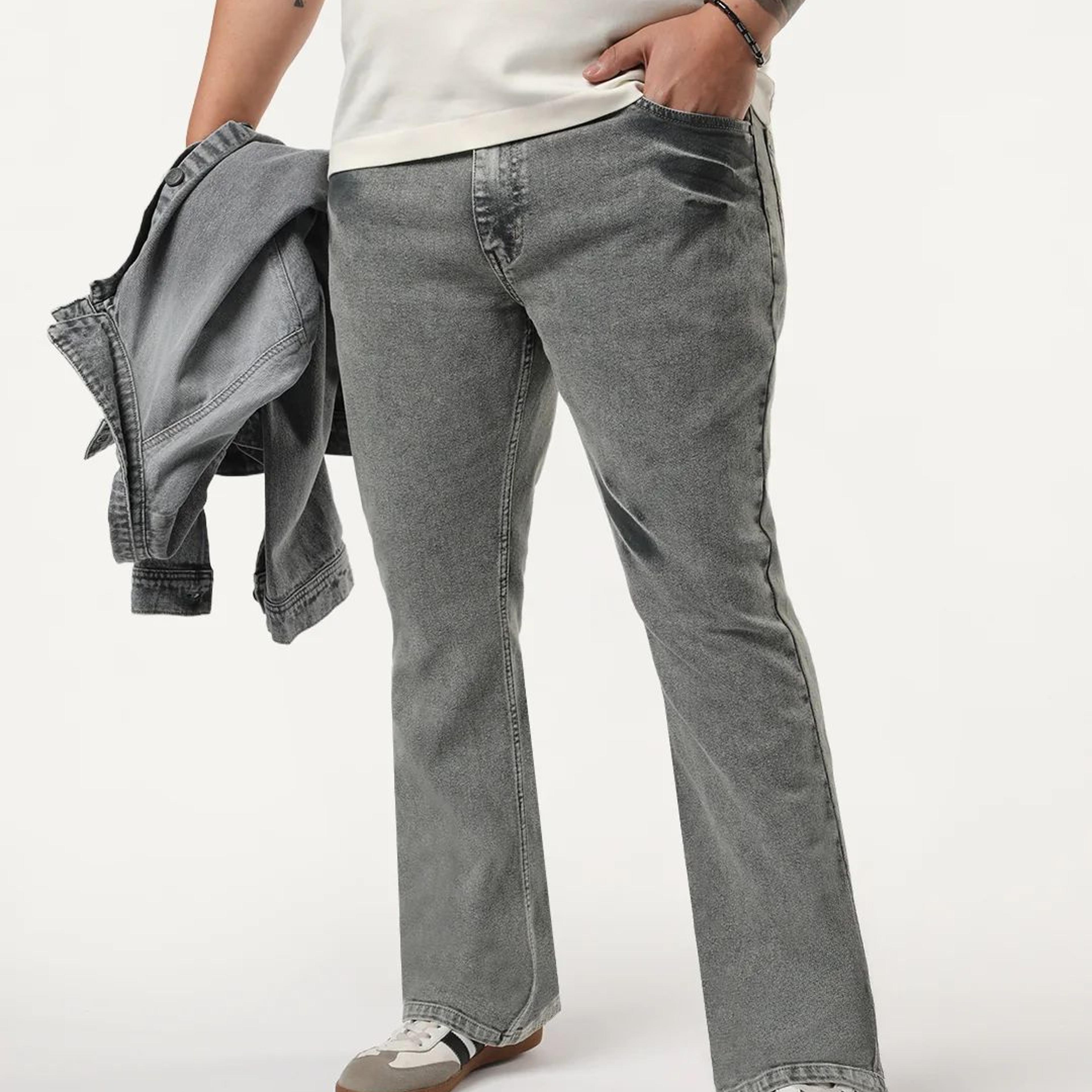 Plus Men's Light Grey Bootcut Fit Mid Rise Acid Wash Jeans Stretchable