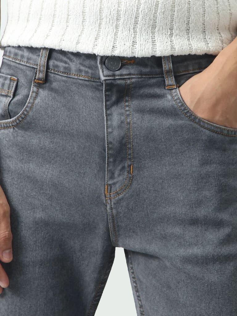 Men's Grey Slim Fit Washed Denim Jeans Stretchable — photo 5