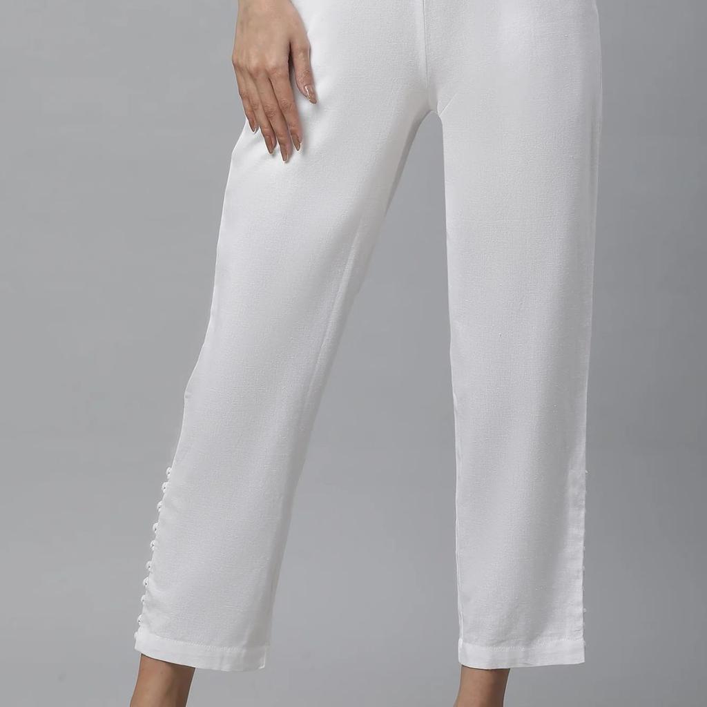 White Solid Straight Fit Cotton Trousers With Button Detail