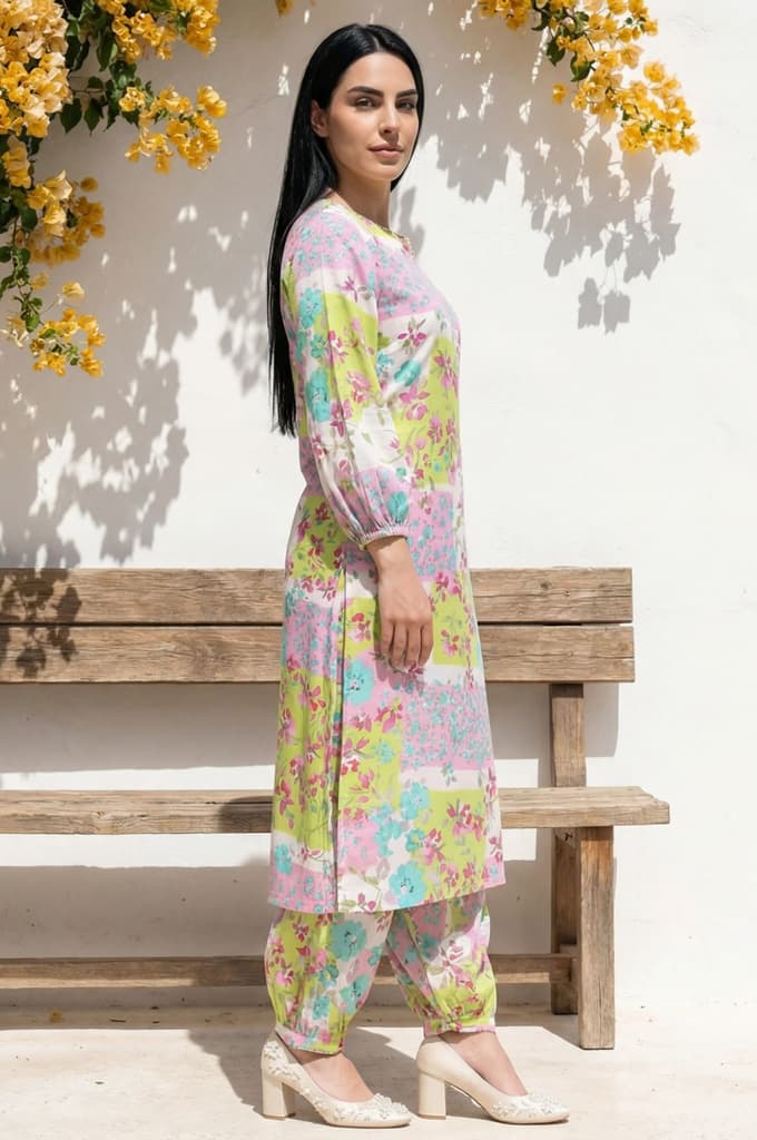 Multicolor Floral Printed Beadwork Modal Straight Kurta with Gathered Pant and Dupatta Set — photo 5