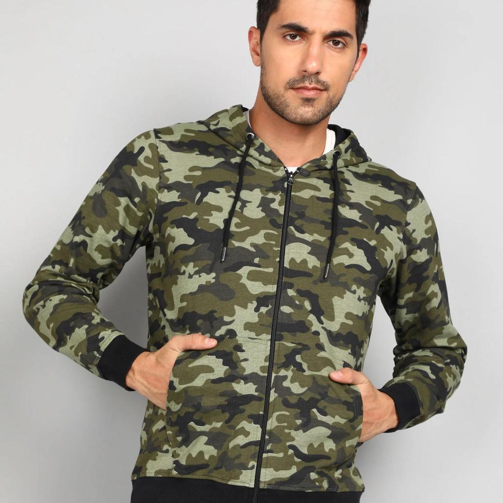 Men's Khaki Green Regular Fit Camouflage Printed Full Sleeve Casual Hooded Sweatshirt