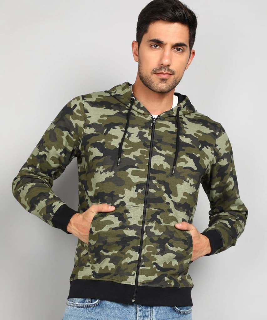 Men's Khaki Green Regular Fit Camouflage Printed Full Sleeve Casual Hooded Sweatshirt — S / Khaki Green
