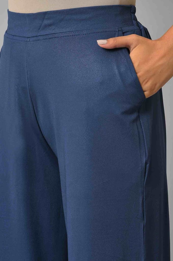 Blue Solid Straight Fit Palazzo With Side Pockets — photo 7