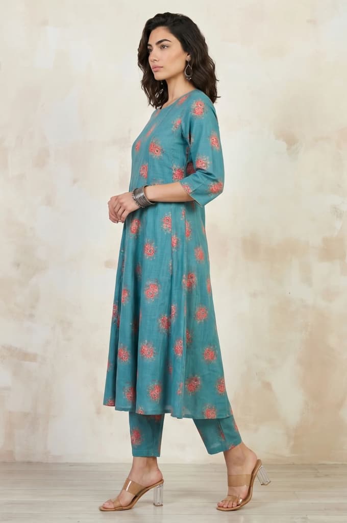 Teal Floral Printed Cotton Flax Flared Kurta — photo 4
