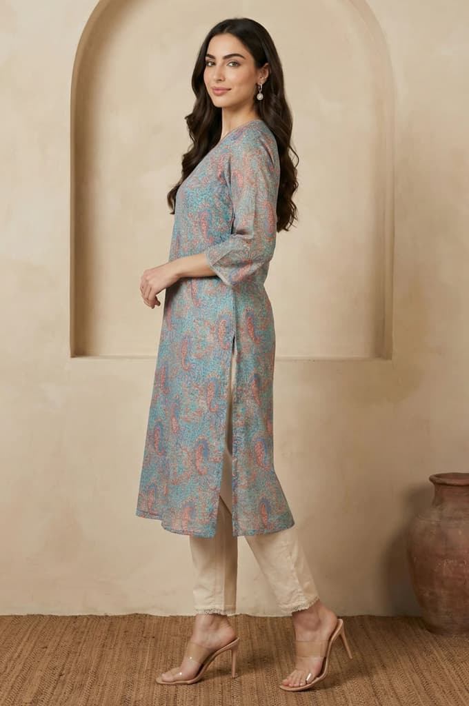 Turquoise Blue Ethnic Motifs Lace Kota Straight Kurta — photo 4
