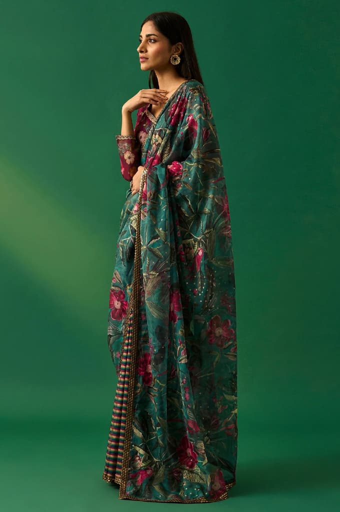 Green Floral Printed Embroidered Sequined Organza Saree with Unstitched Blouse — photo 3