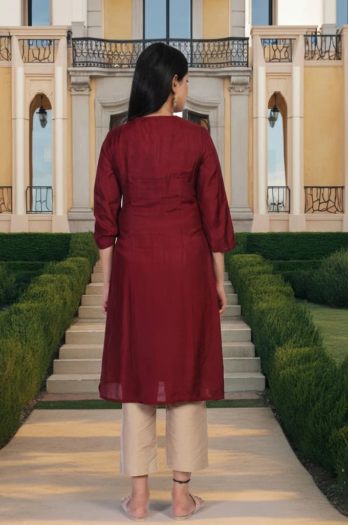 Maroon Embroidered A-Line Silk Kurta — photo 5