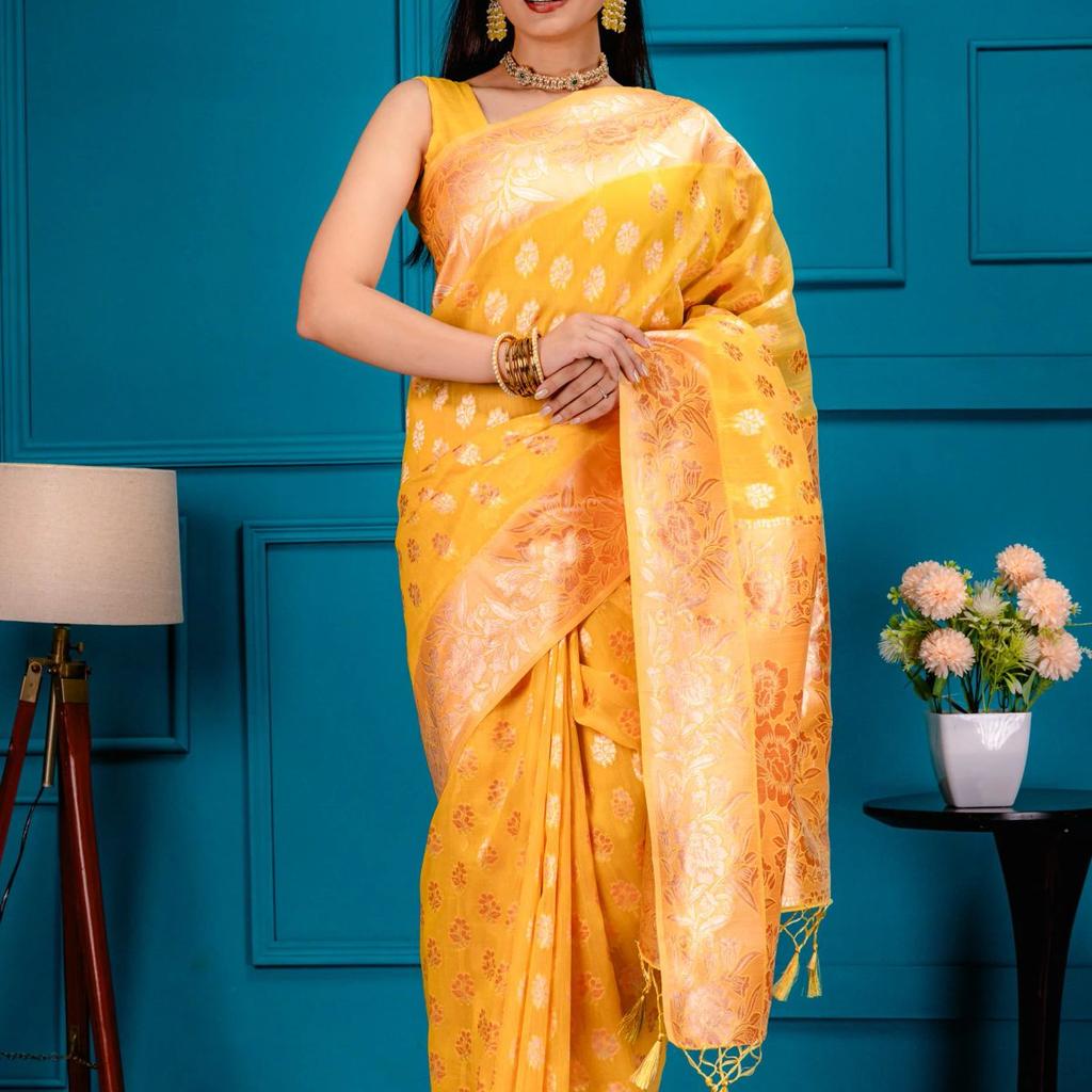 Mimosa Women's Woven Design Banarasi Style Art Silk Saree With Blouse Piece : SA00001804GDFREE