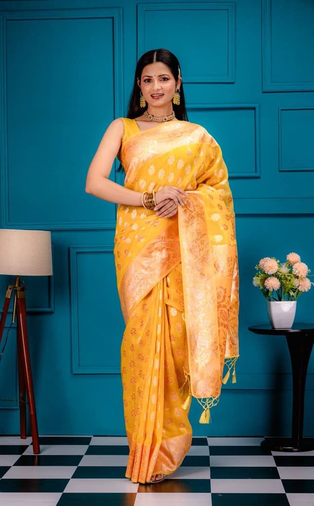 Mimosa Women's Woven Design Banarasi Style Art Silk Saree With Blouse Piece : SA00001804GDFREE — Gold