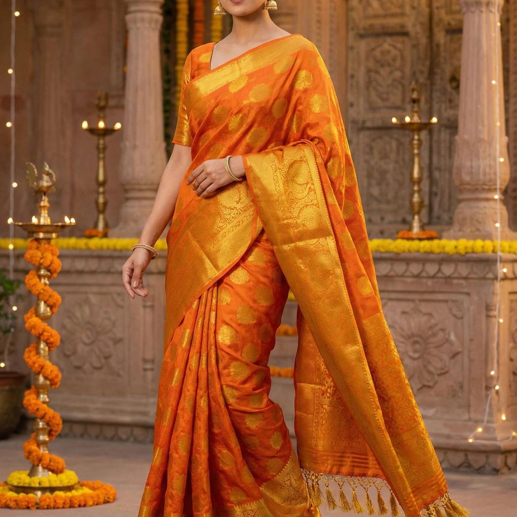 MIMOSA Women's Woven Design Kanjivaram Style Art Silk Saree with Blouse Piece - Rust ( SA00003142RSFREE )