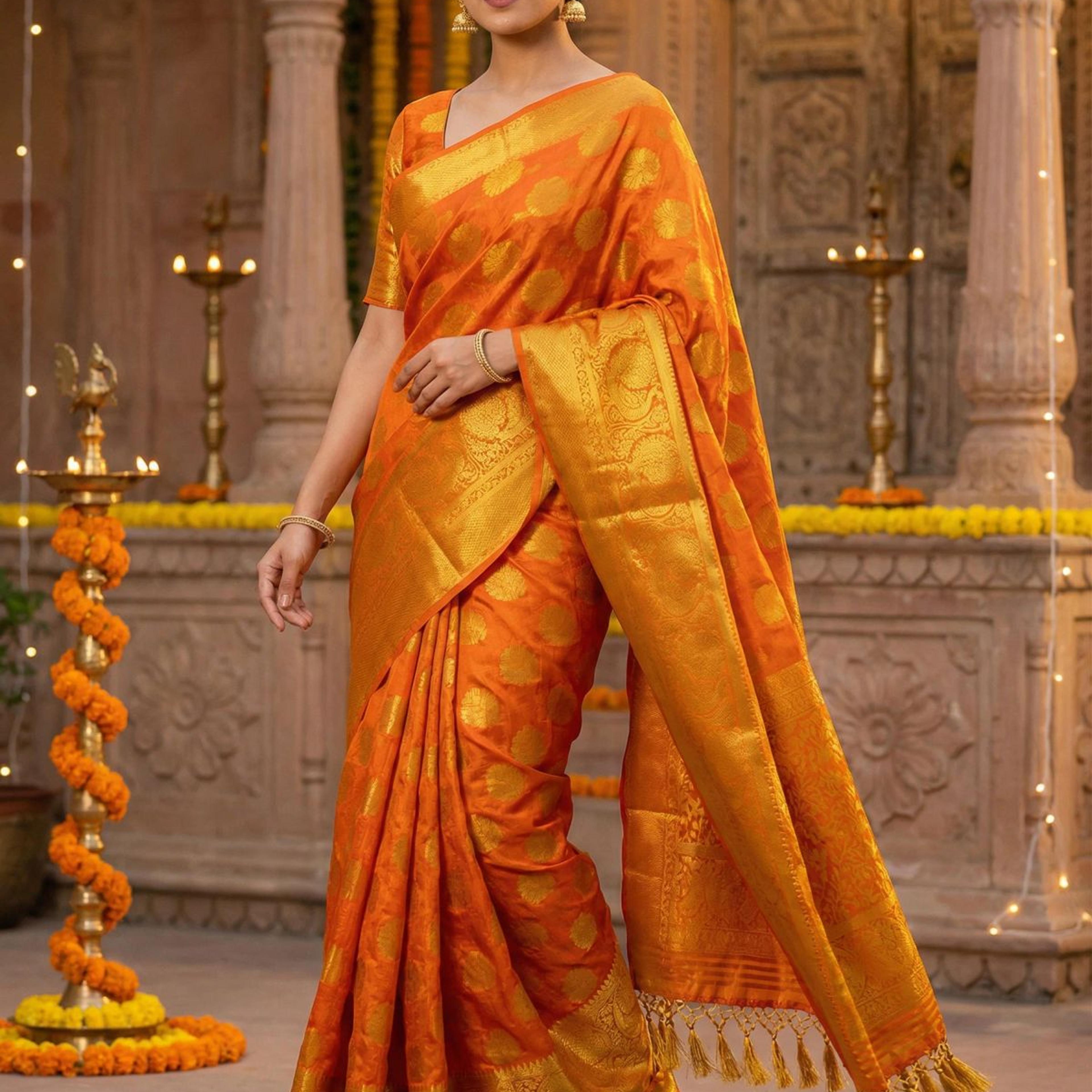 MIMOSA Women's Woven Design Kanjivaram Style Art Silk Saree with Blouse Piece - Rust ( SA00003142RSFREE )