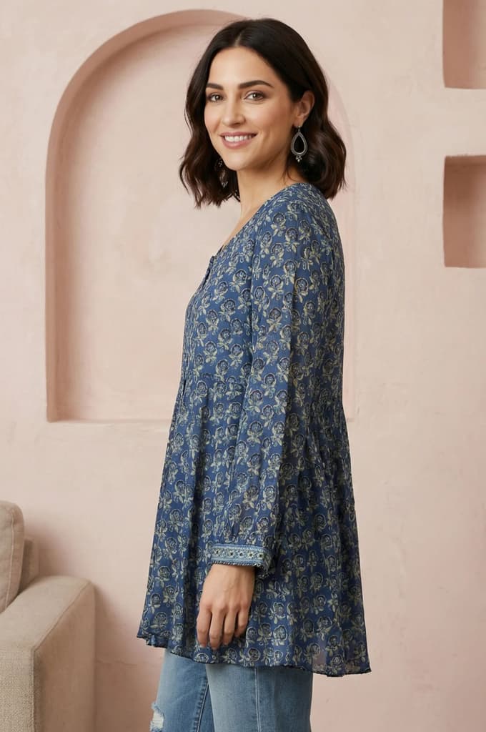 Blue Block Printed Modal Satin A-line Top — photo 4