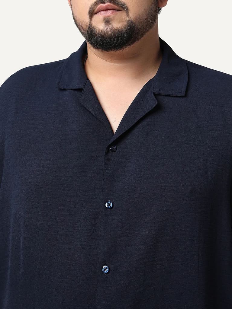 Plus Men's Navy Cotton Half Sleeve Relaxed Fit Textured Shirt with Cuban Collar — photo 5