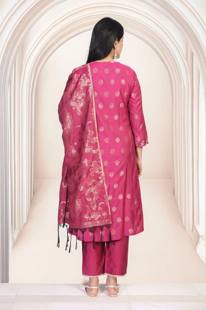 Magenta Embroidered Jacquard A-Line Kurta with Straight Pant and Dupatta Set — photo 5
