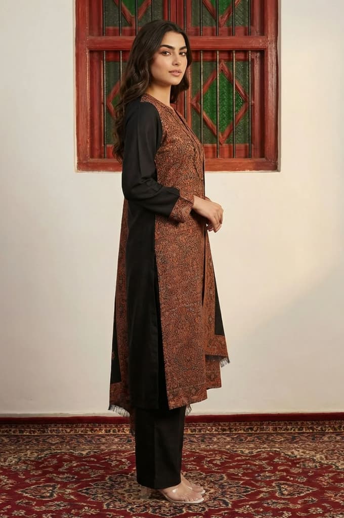 Black Ethnic Motifs Jacquard Straight Kurta with Pants and Dupatta Set — photo 3