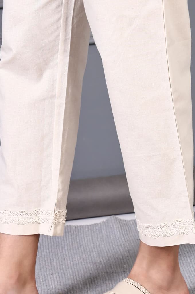 Off White Embroidered Cotton Flax Straight Kurta and Trousers Co-ord Set — photo 9