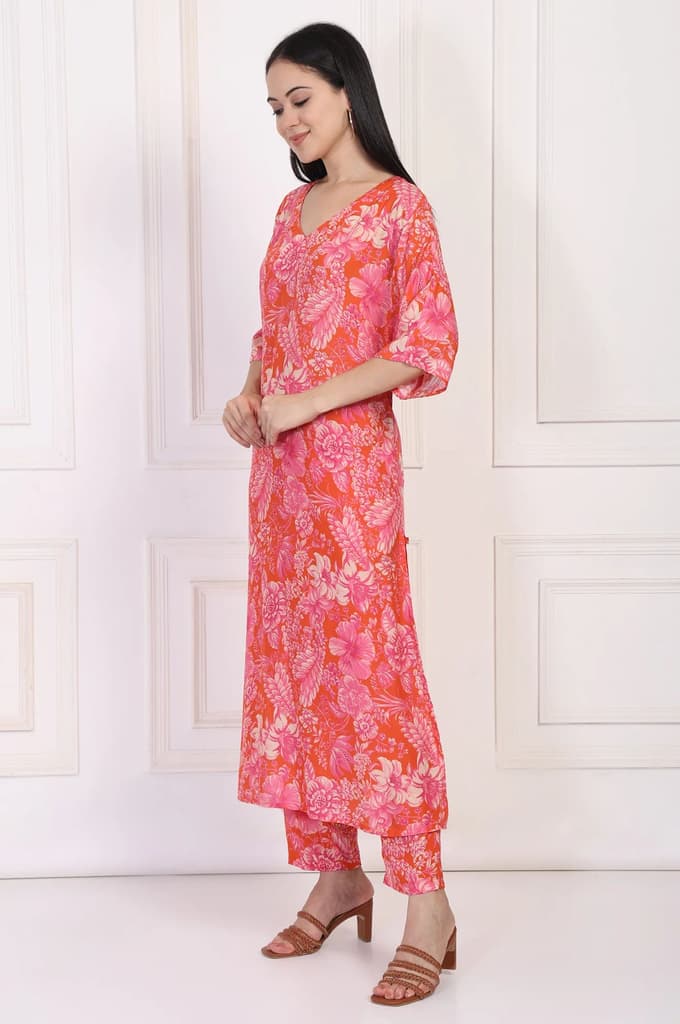 Orange Floral Printed Kaftan Modal Kurta with Pant — photo 4