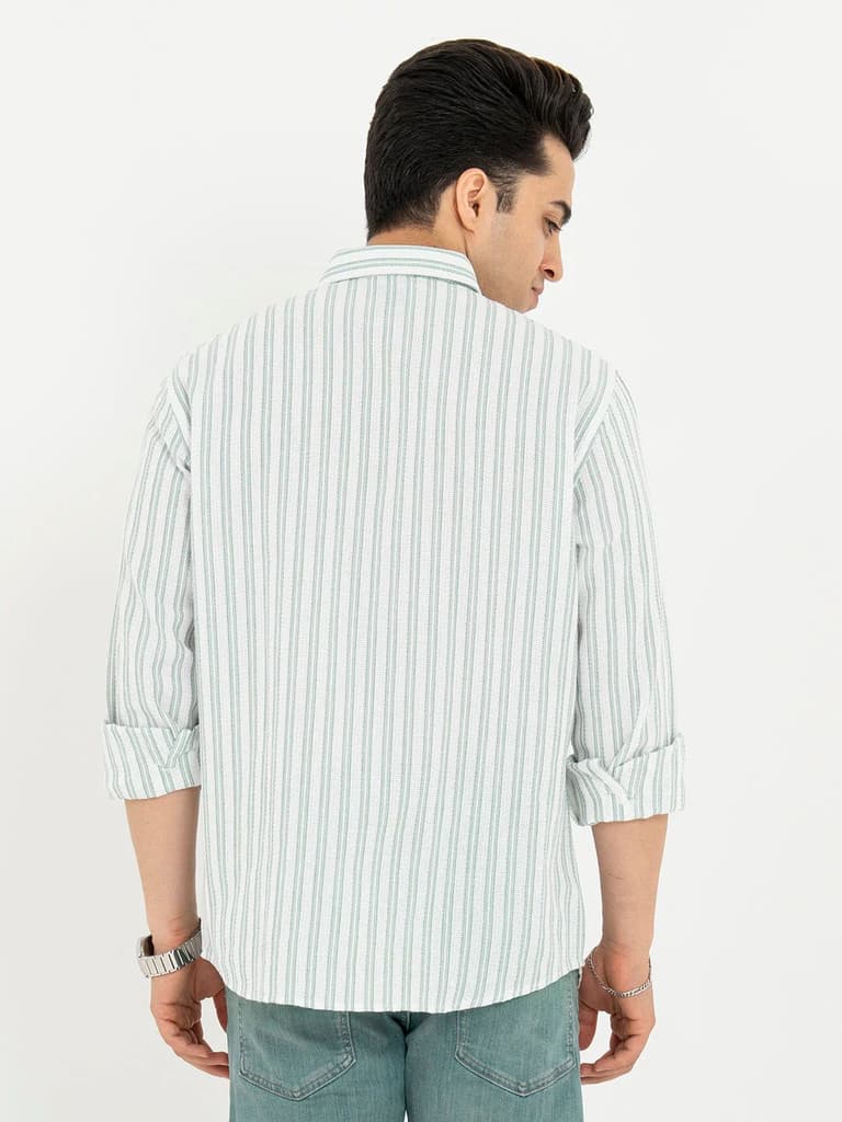 Shirts for Men in White and Green | Striped Full Sleeve Casual Shirt — photo 3