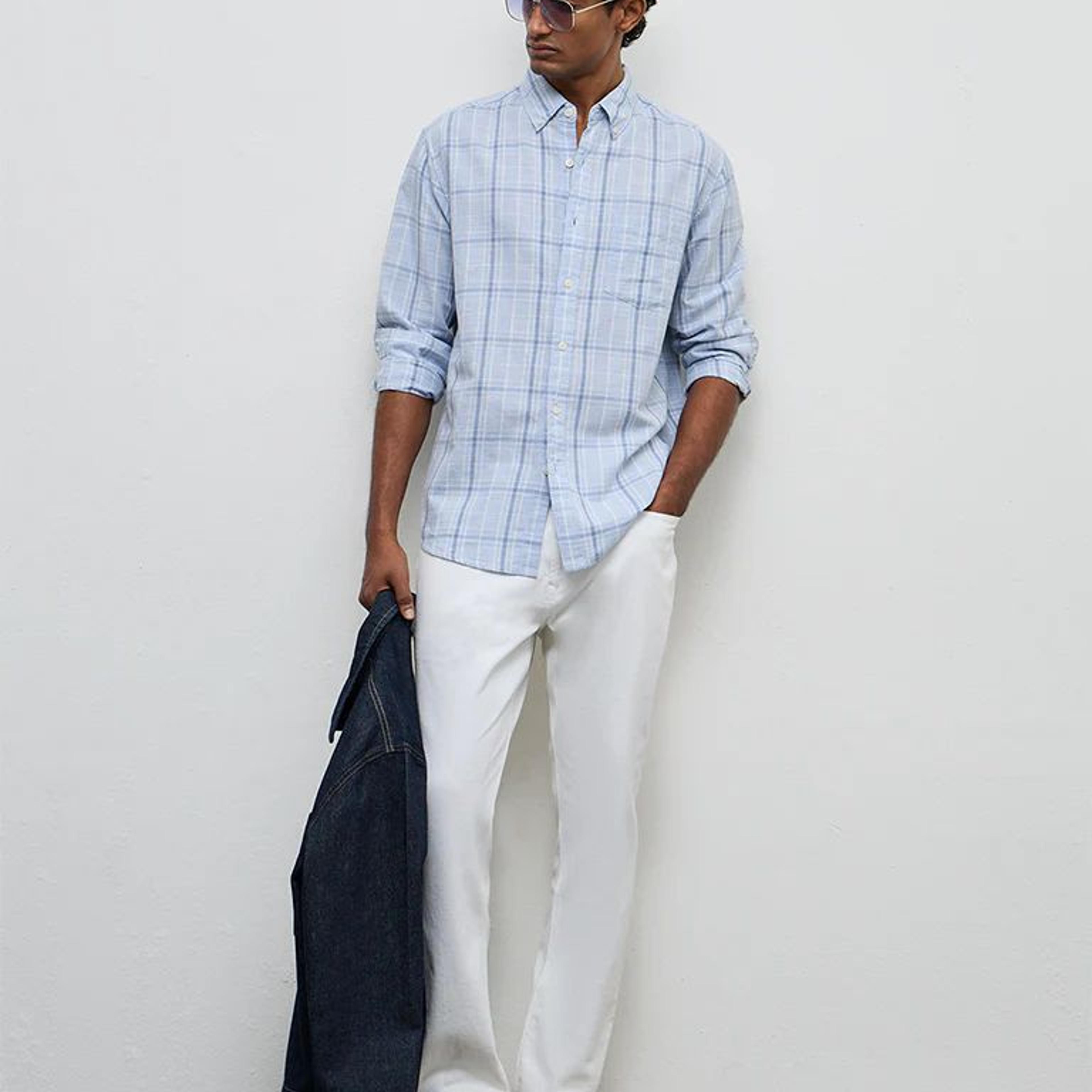 WES Casuals Light Blue Relaxed-Fit Cotton-Blend Shirt