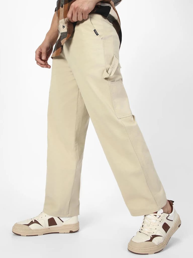Men's Cream Loose Baggy Fit Solid Carpenter Trouser Pant with 5 Pockets Non-Stretchable — 28 / Cream