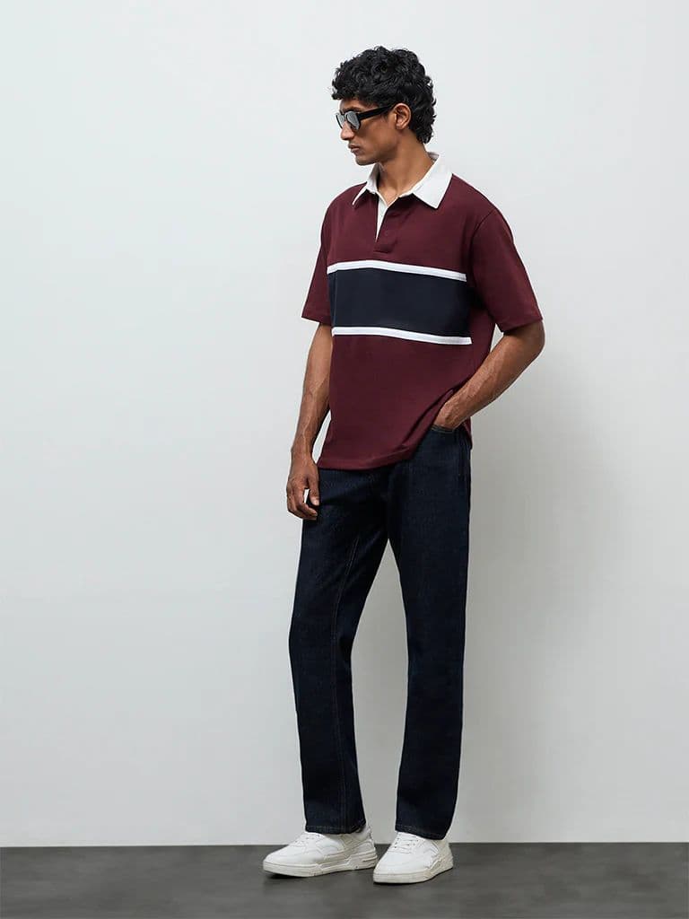 WES Casuals Wine Relaxed-Fit Cotton-Blend Polo T-Shirt — photo 3