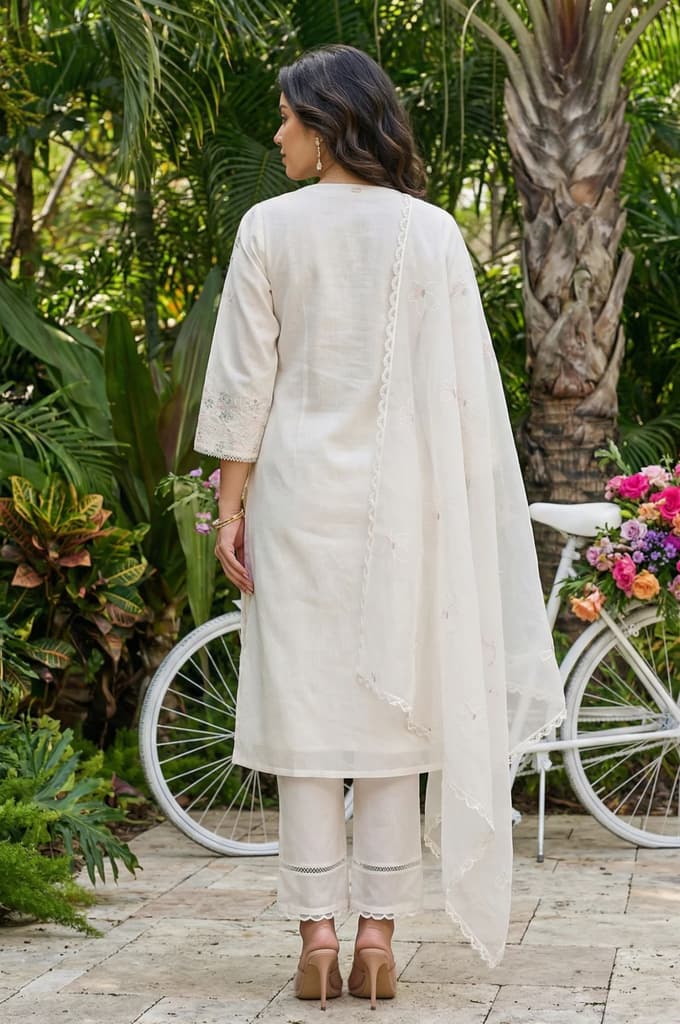 Off White Thread Embroidered Chanderi Straight Kurta with Straight Pants and Dupatta Set — photo 5