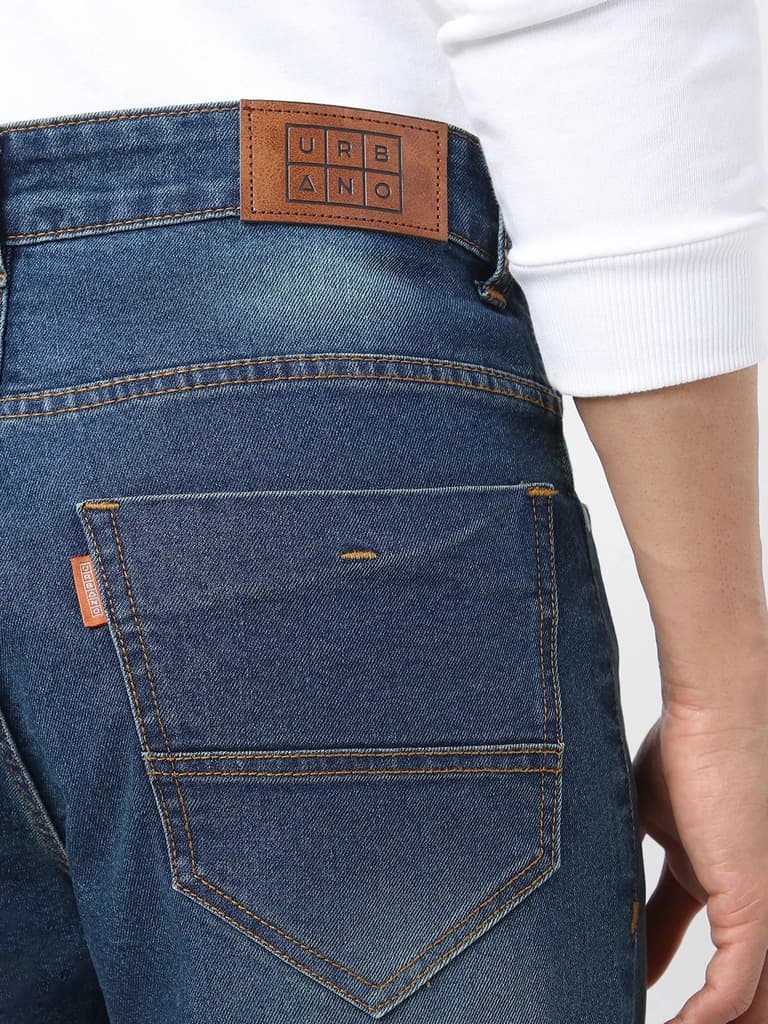 Men's Blue Straight Fit Washed Jeans Stretchable — photo 6