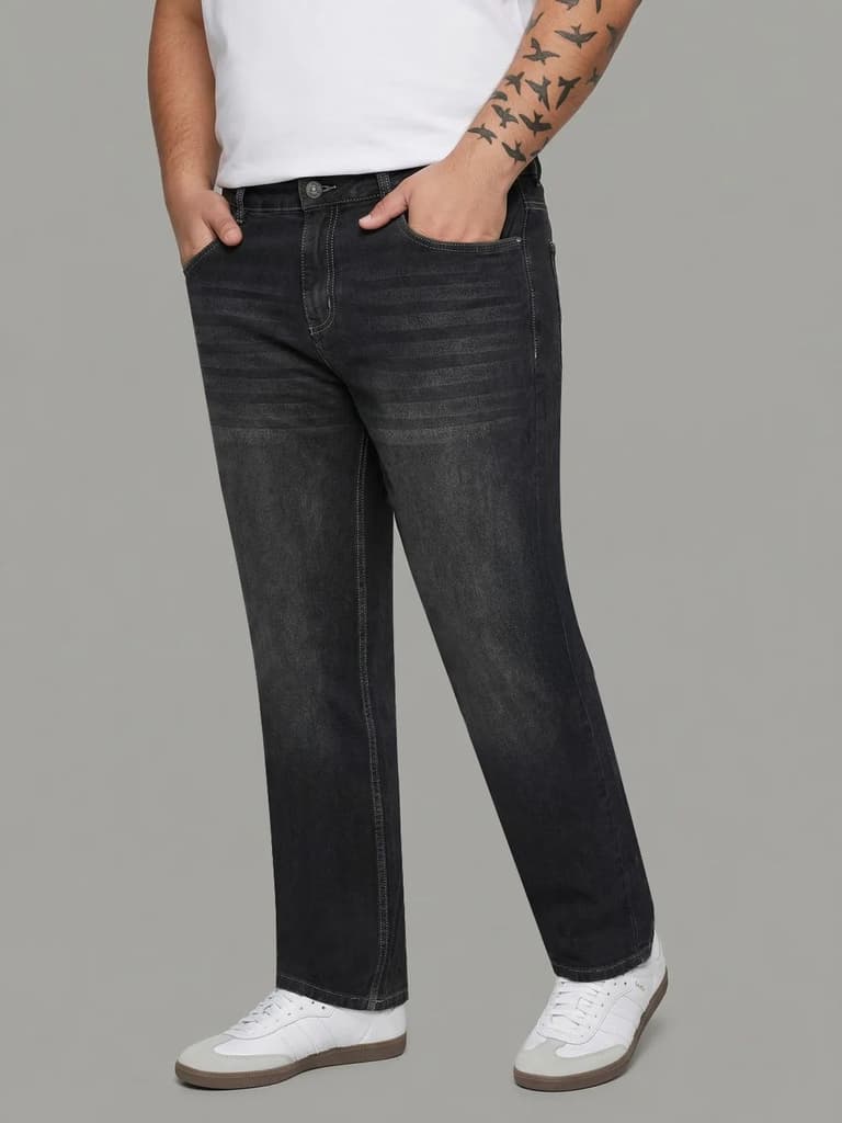 Plus Men's Dark Grey Relaxed Fit Washed Denim Jeans Non-Stretchable — photo 2