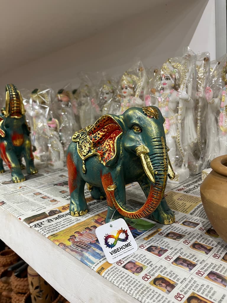 Elephant Statue | Decorative | Wood | Blue, Gold, Orange