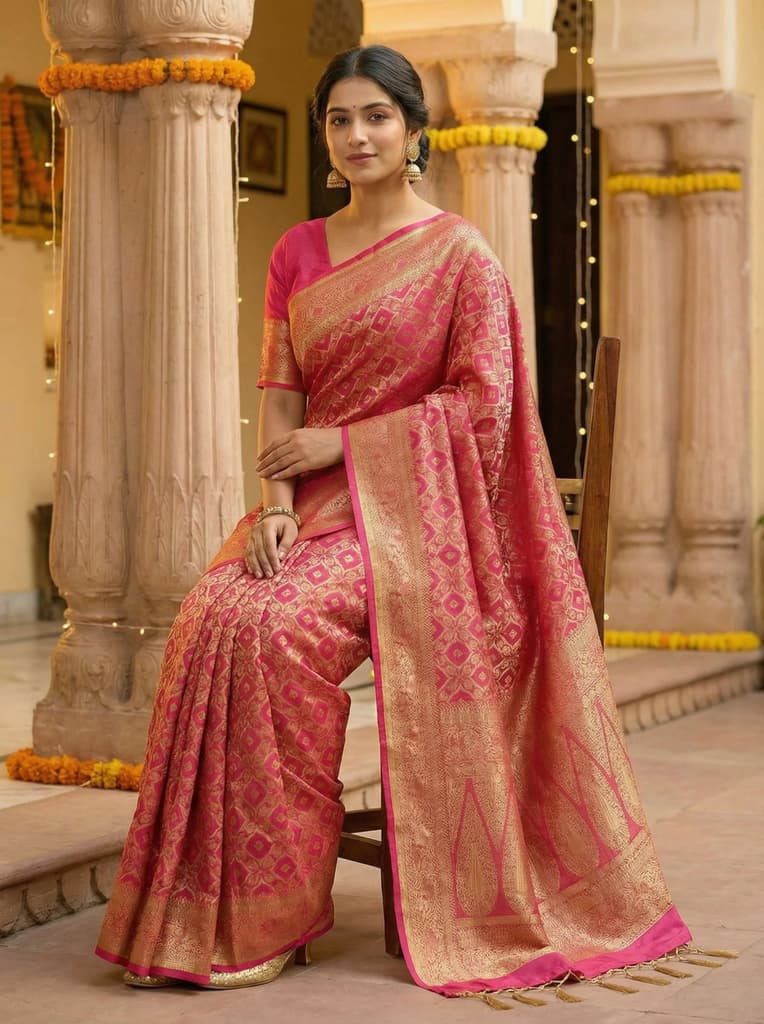 MIMOSA Women's Woven Design Banarasi Style Raw Silk Saree with Blouse Piece - Rani ( SA00003131RNFREE ) — photo 4