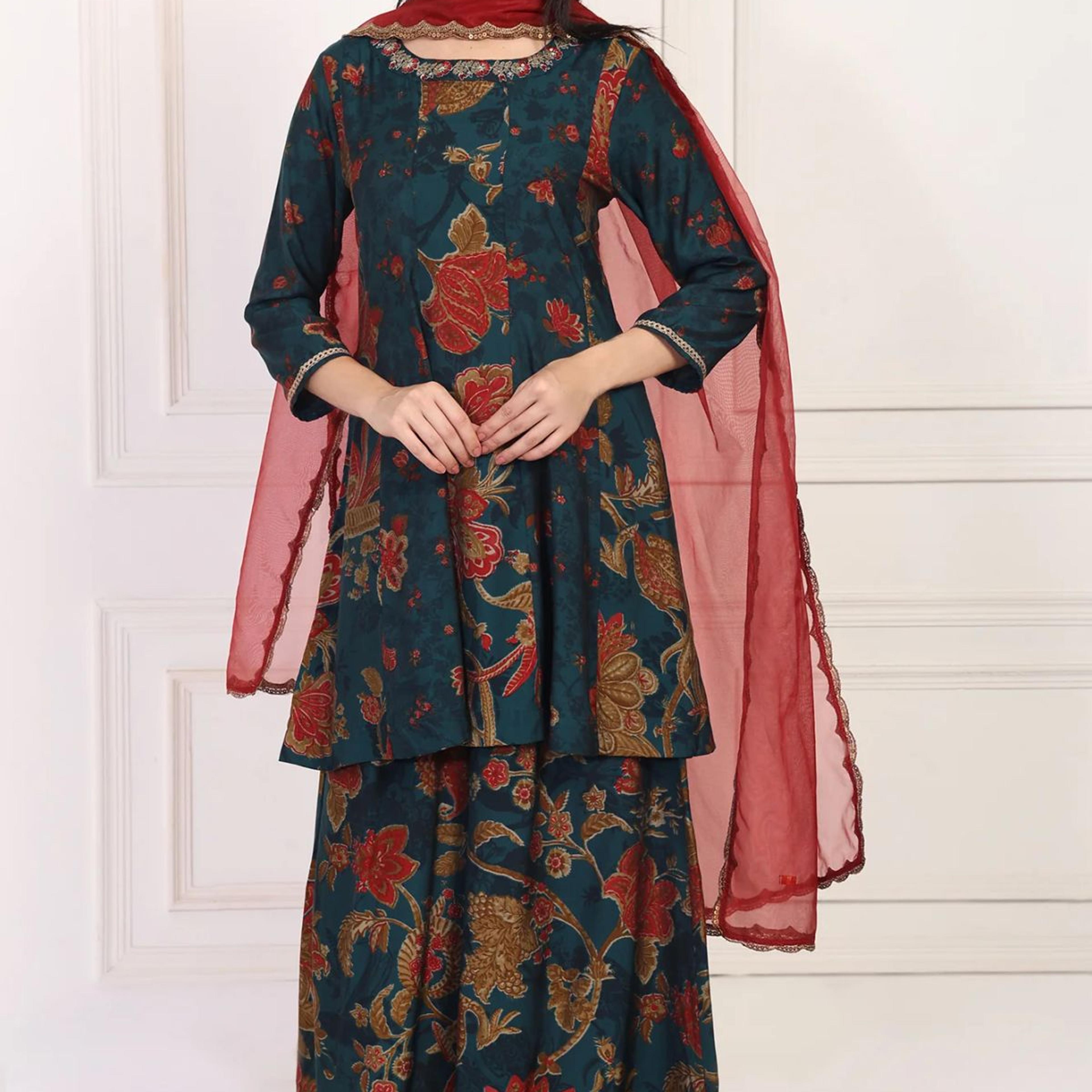 Teal Floral Printed Embellished A-Line Kurta with Flared Pant and Dupatta Set