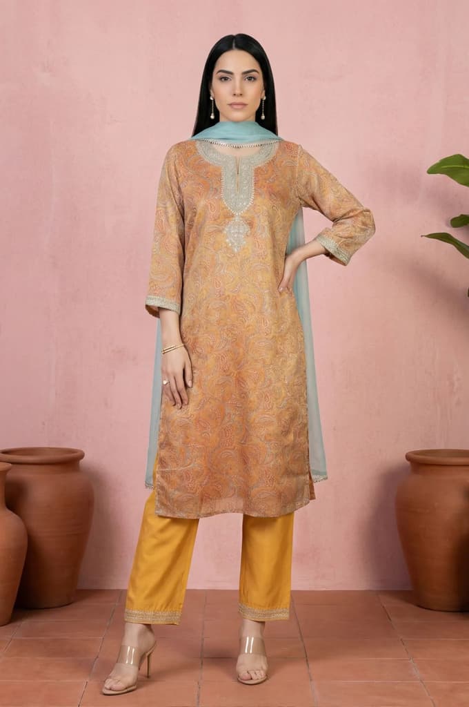 Mustard Sequins Paisley Printed Tissue Straight Kurta with Straight Pants and Dupatta Set — XS