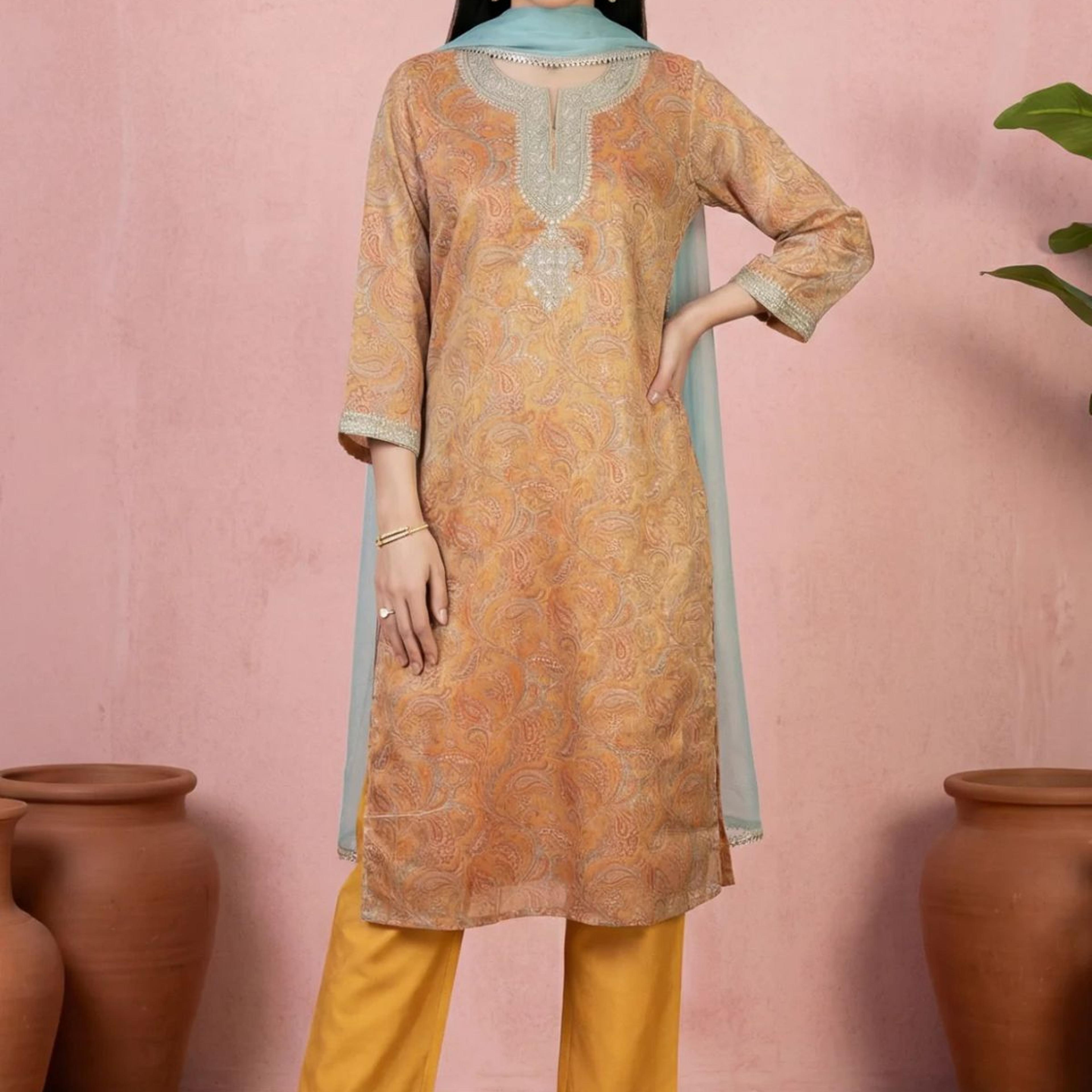Mustard Sequins Paisley Printed Tissue Straight Kurta with Straight Pants and Dupatta Set