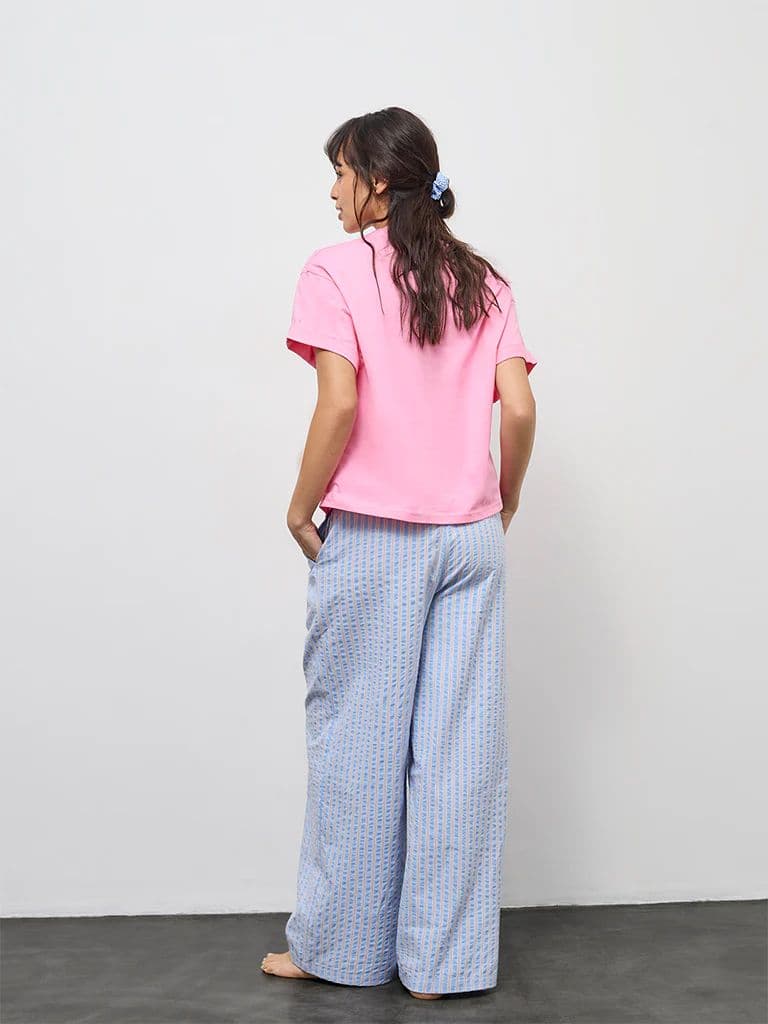 Wunderlove Blue Striped High-Rise Cotton-Blend Pants — photo 4