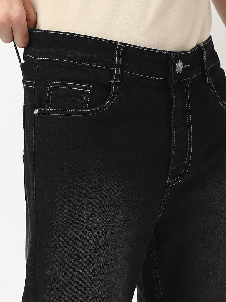 Men's Black Straight Fit Washed Jeans Stretchable — photo 5