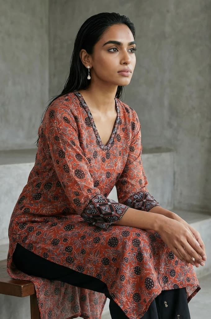 Brick Red Ajrak Printed Mirror Work Modal Satin Straight Kurta — photo 2