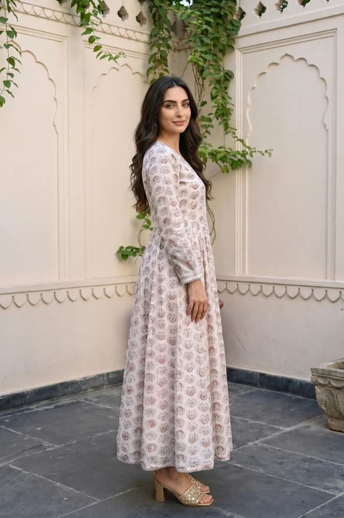 Cream Ethnic Motifs Sequins Cotton Silk Blend Anarkali Kurta — photo 5