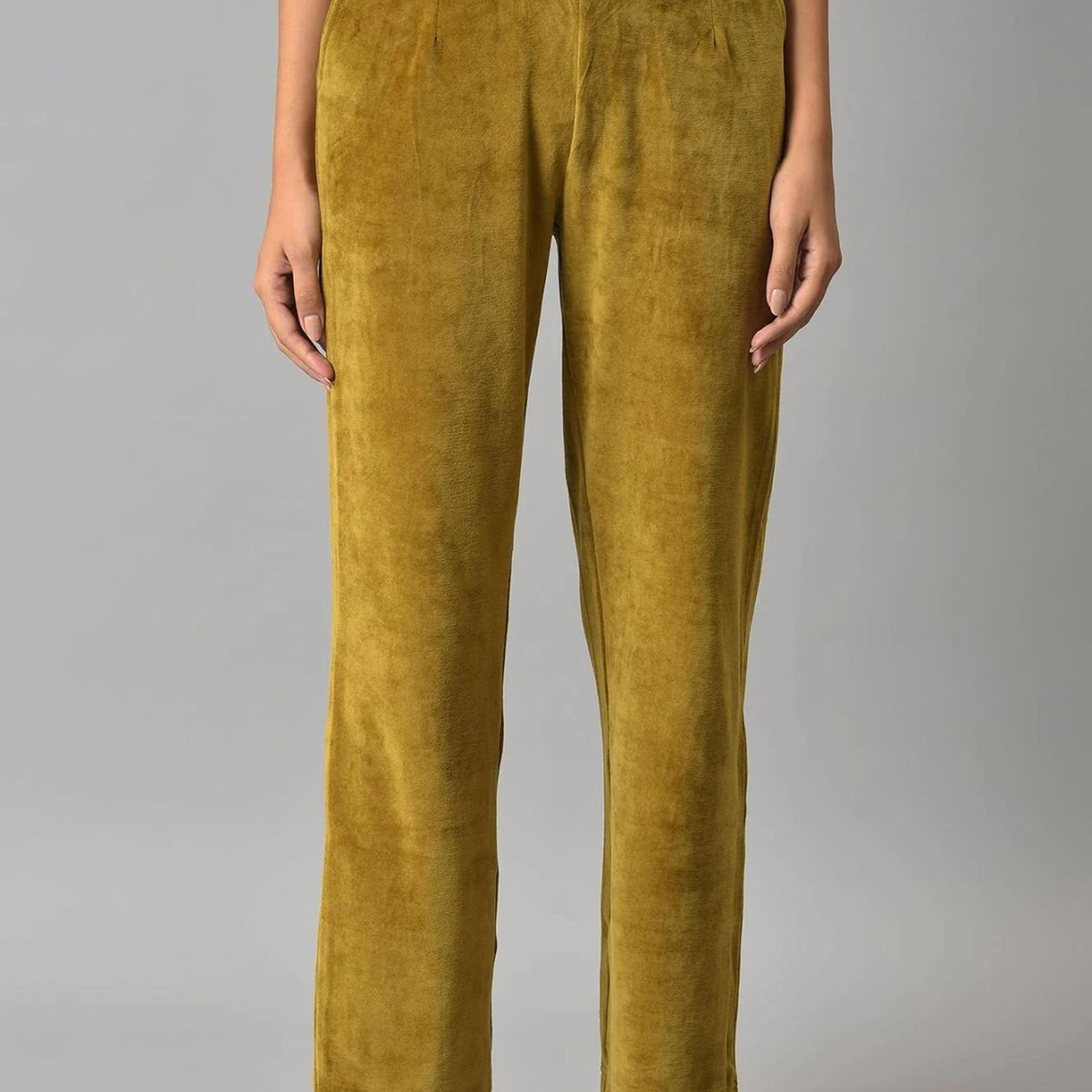 Muted Sage Green Solid Straight Fit Cotton Trousers With Elasticated Waist