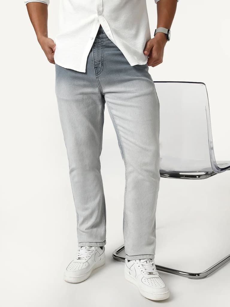 Men's Grey Straight Fit Heavy Washed Faded Denim Jeans Stretchable — photo 2