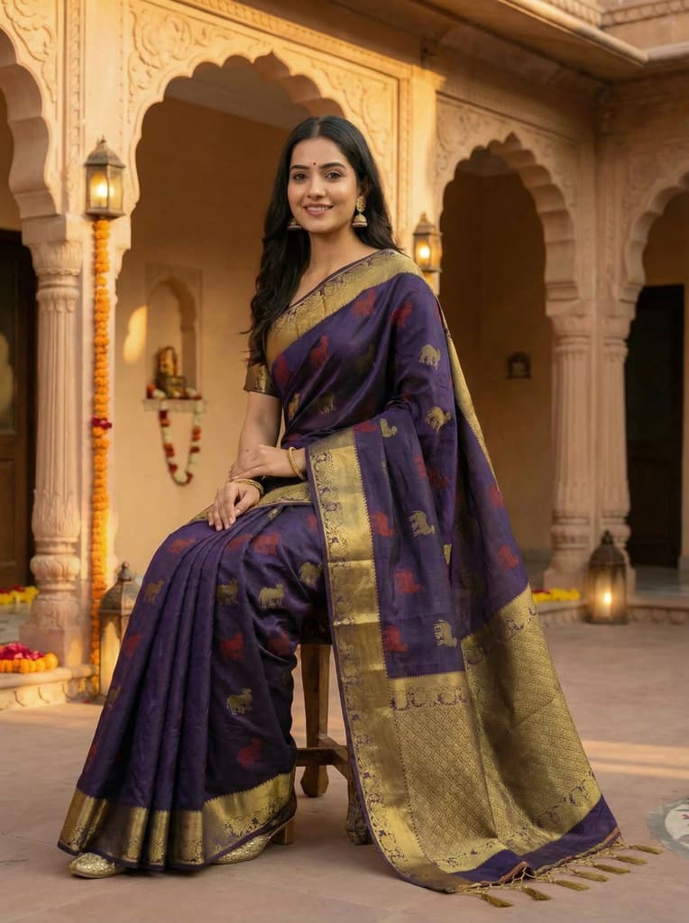 MIMOSA Women's Woven Design Banarasi Style Raw Silk Saree with Blouse Piece - Navy ( SA00003136NVFREE ) — photo 4