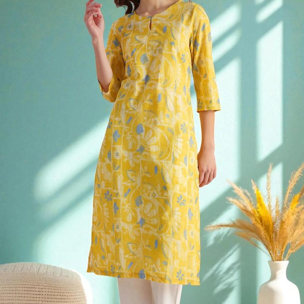 Yellow Floral Printed Straight Pure Cotton Kurta