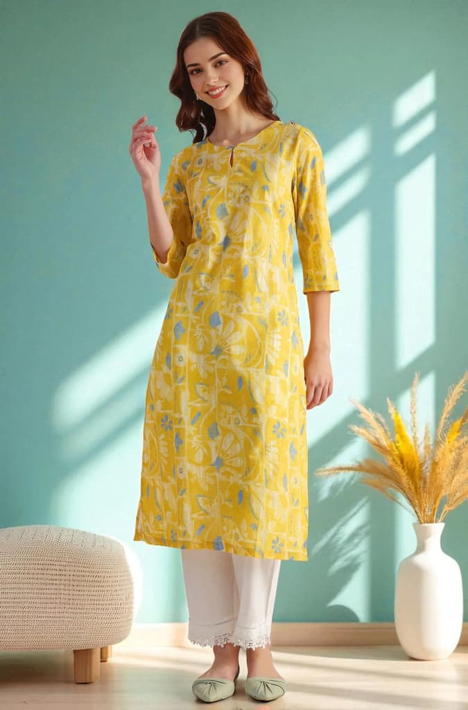 Yellow Floral Printed Straight Pure Cotton Kurta — XS