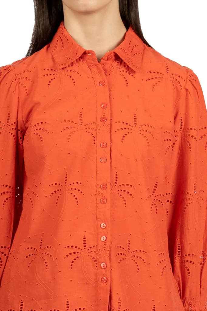 Red Solid Cotton Schiffli Collared Shirt — photo 3